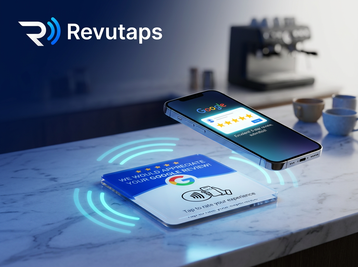 Revutaps NFC review card on a cafe counter with a phone tapping it and submitting a 5-star Google review